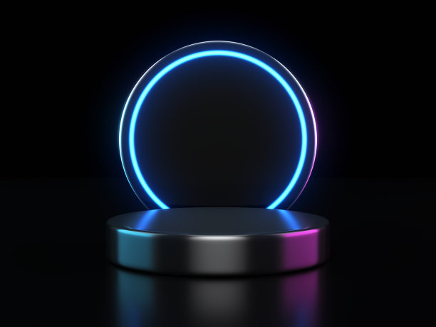 圆霓虹灯讲台圆黑暗显示产品3D渲染库存照片图片下载