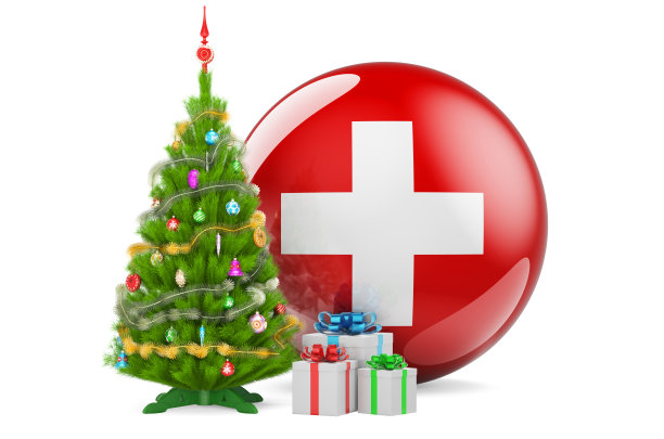 瑞士的圣诞节和新年，概念。带有瑞士国旗的圣诞树和礼品盒，3D渲染图片下载