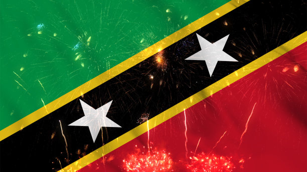 圣基茨和尼维斯国旗挥舞动画与烟花背景图片下载
