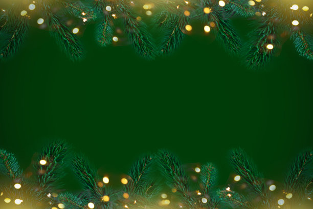 云杉，冷杉枝，绿色纹理背景上的装饰物。帧边界。圣诞新年作文背景。圣诞灯。文本空间。横幅。图片下载