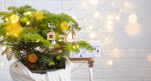 带钥匙链的房子钥匙挂在圣诞树上。新年、圣诞节的礼物。建筑，设计，工程，搬迁到新房子，抵押，租赁和购买房地产。本空间图片下载