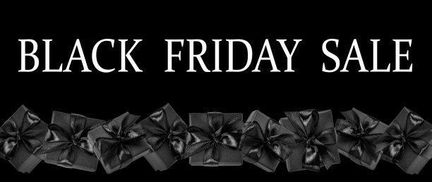 黑色星期五销售广告横幅排黑色礼品盒和大的白色文字在黑色。图片下载