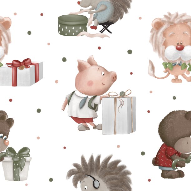 可爱的无缝模式与小狮子，兔子，熊，猪，刺猬与礼品盒。圣诞，新年彩色插图横幅，卡片，产品设计。卡通风格的动物集合图片下载
