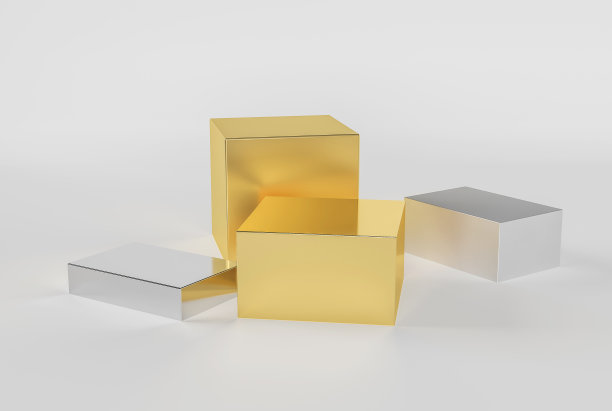 空光泽银和金立方。，植入产品的椭圆底座。，盒子模拟，孤立。清晰划伤的金属图形支架反射模板。、3D插图图片下载