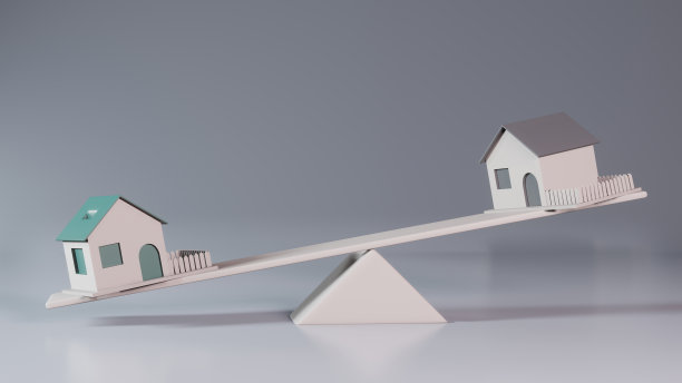 3d设计概念为抵押贷款，租房，买卖房地产。两栋乡村别墅矗立在轻盈的背景下的天平上。选择要搬的房子。为文本腾出空间。图片下载