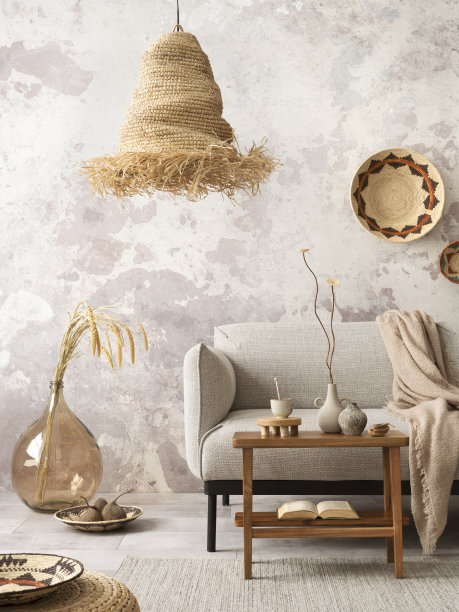 温暖舒适的民族组成的客厅内部灰色沙发，彩色柳条，波西米亚草灯，灰色混凝土墙，玻璃花瓶与干草，长凳和个人配件。家居装饰。模板。图片下载