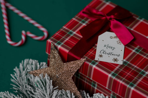 一个装在笼子里的红色礼品盒，一个写着“圣诞快乐”的标签，绿色背景上有冷杉树枝。2023年的圣诞节。传统的颜色。为家人和亲戚购买和准备礼物。图片下载