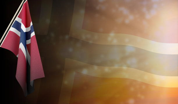挪威国旗与闪亮的旗帜背景。用于国庆和国家全国性活动。图片下载