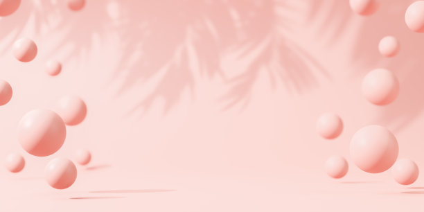 植入广告背景。黄墙上棕榈叶的影子。粉色背景上的球体或球。场景舞台模型展示产品，销售，横幅，提供。三维渲染图片下载