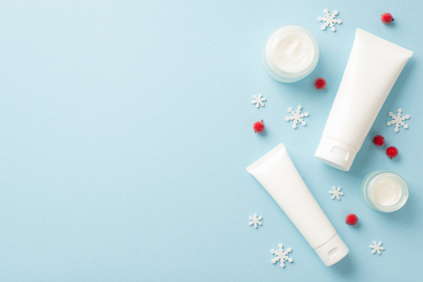冬季护肤理念。俯视图照片白色管没有标签奶油罐花楸浆果和雪花孤立的淡色蓝色背景与空白图片下载