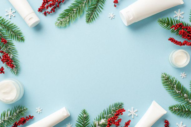 冬季护肤理念。俯视图照片白色管奶油罐冷杉枝在白霜槲寄生浆果和雪花孤立的浅蓝色背景与中间的空白图片下载