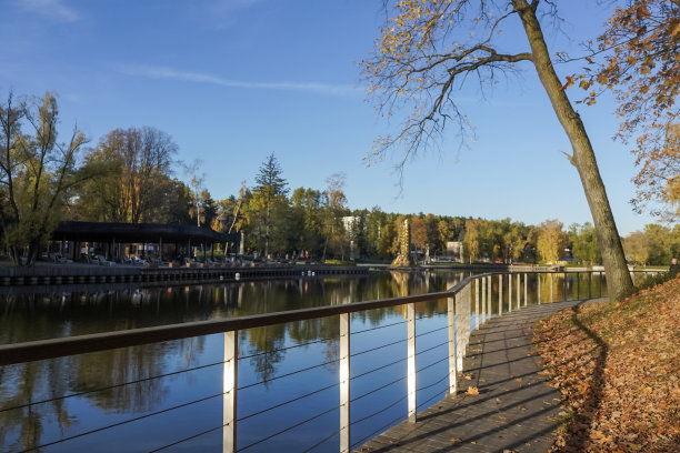 秋天的城市公园里，阳光照在河边带栅栏的木栈道上图片下载