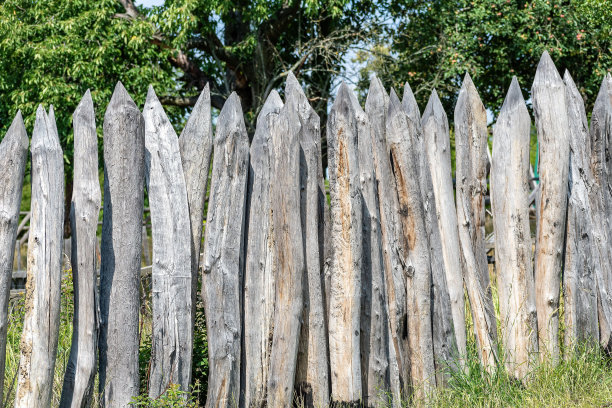 锋利的木桩篱笆是防御墙图片下载