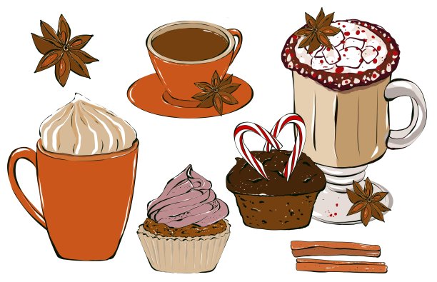一套咖啡杯与咖啡和甜泡沫。手绘插图孤立在白色背景。图片下载