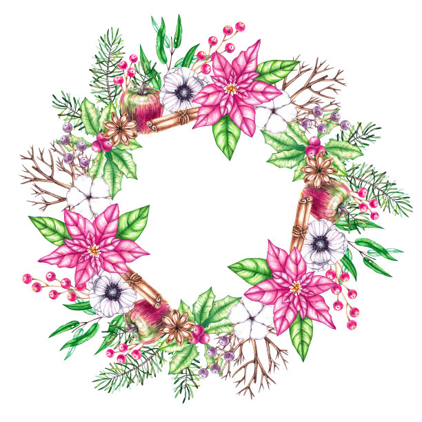 白色背景的水彩圣诞花环图片下载