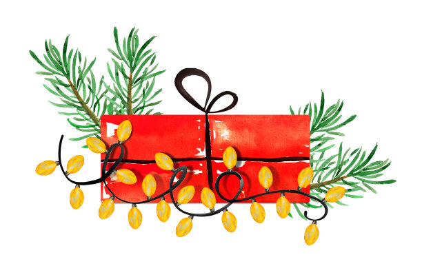 红色礼盒，花环，松枝水彩插画拼贴图片下载