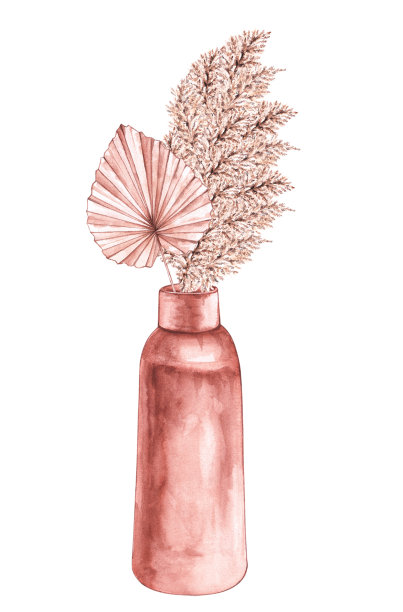 水彩花瓶与干棕榈叶和潘帕斯草在白色的背景图片下载