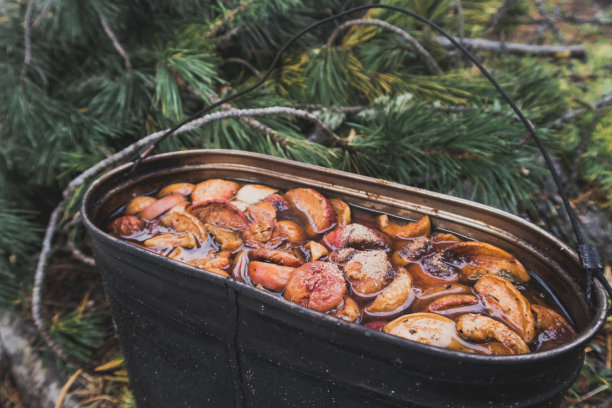 野营水壶和令人垂涎的苹果蜜饯。户外的食物。野生动物生活烹饪美味大餐。在外面吃。Copyspace库存图片图片下载