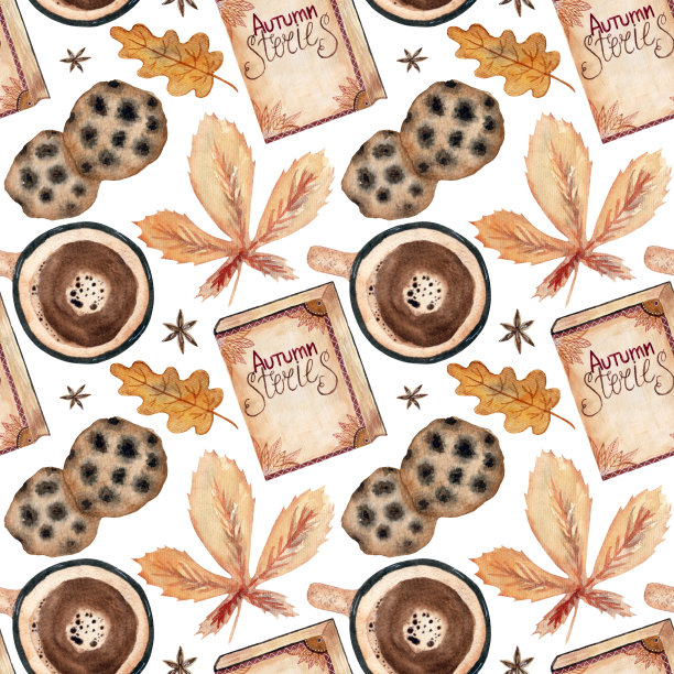 水彩无缝图案，秋季项目，树叶，饼干，咖啡杯，白底书。图片下载