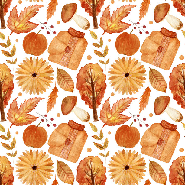 水彩无缝图案，秋季植物元素在白色背景的橙色。图片下载