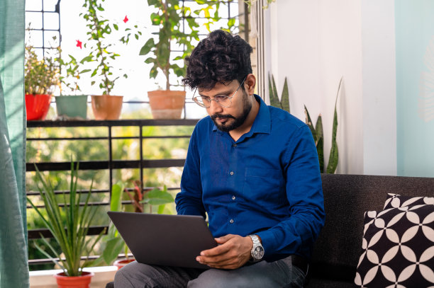 男人坐在沙发上用笔记本电脑工作图片下载