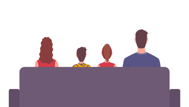 家人在客厅看。背面的夫妇和孩子坐在沙发上。矢量插图为电视，广播，娱乐的概念。把时间花在隔离上图片下载