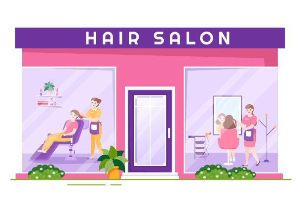 发廊与美发师，理发，头发护理和发型在美容院或理发师在平面卡通手绘模板插图图片下载