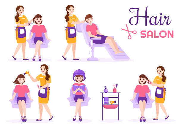 发廊与美发师，理发，头发护理和发型在美容院或理发师在平面卡通手绘模板插图图片下载