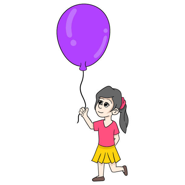 插图一个美丽的女孩带着快乐的脸提着一个紫色的大气球图片下载