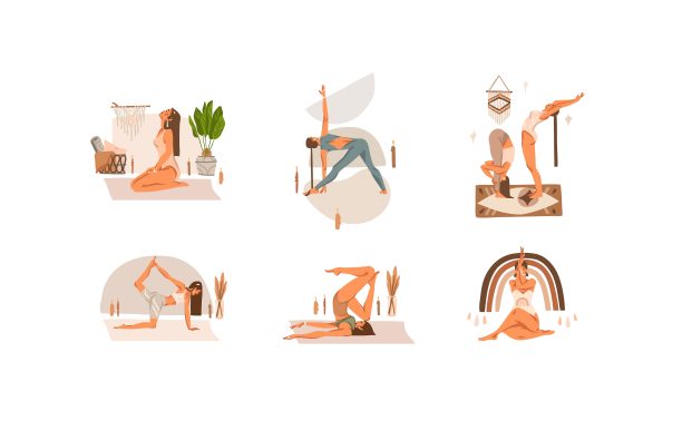 手绘矢量抽象图形集冥想瑜伽女人体式剪贴画插图。冥想练习。禅与和谐的概念艺术。彩色平面矢量人物插画设计。图片下载