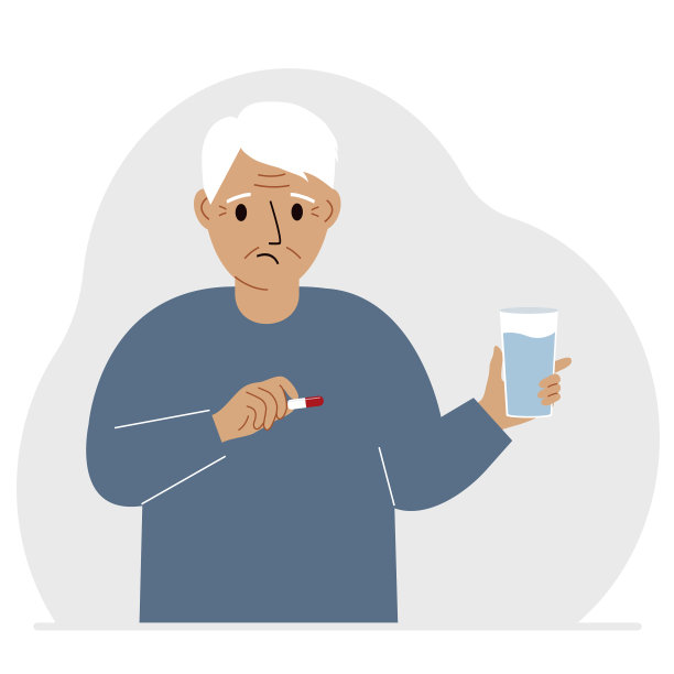 一个男人一手拿着药，另一杯水里装着药丸。吃药治疗疾病的概念，服用维生素或食物补充水。图片下载