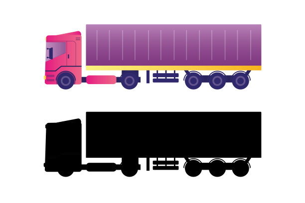 半卡车和黑色剪影。拖拉机配合集装箱，运输货物。物流，货物的交付。图片下载