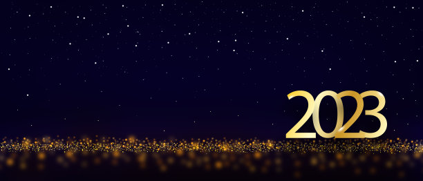 2023年拜年字体庆祝海报设计。发光的金色数字与金色烟花爆炸元素和黑暗的天空背景图片下载