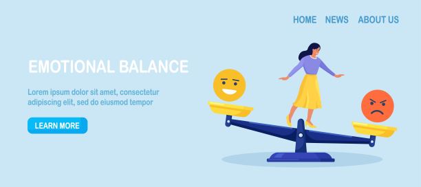 情绪智力：平衡情绪，女性在天平上平衡好与坏的情绪，不稳定的精神状态和严格的情绪控制，心理和精神的稳定，专注的平静与和谐图片下载