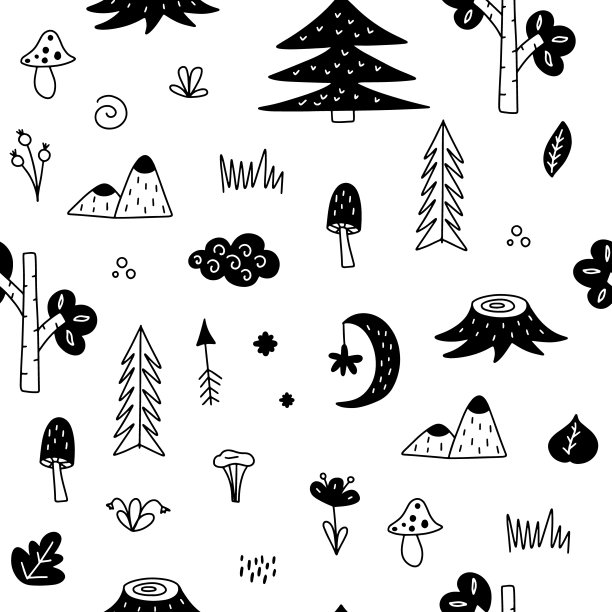 无缝图案的斯堪的纳维亚森林在涂鸦风格。矢量插图在黑白颜色为您的设计图片下载