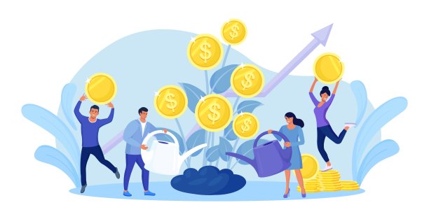 女人和男人给钱树浇水。商人角色从钱树中提取现金。增长和盈利。收入和收入的比喻。财务增长，投资成功图片下载