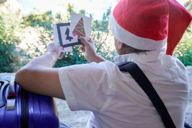 带着圣诞帽和行李箱的快乐高年级学生图片下载