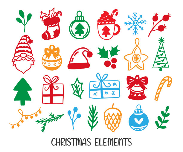 圣诞设计图标元素在涂鸦风格集合图片下载
