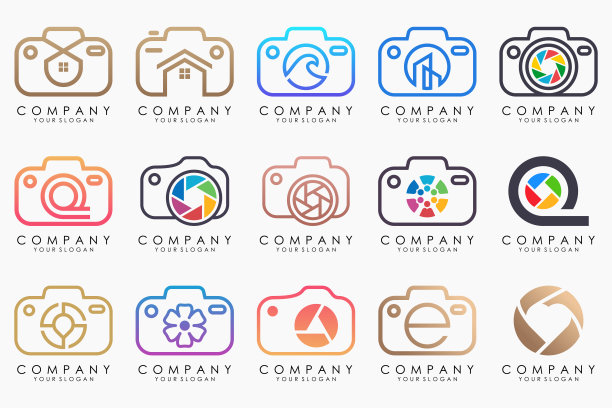 创意镜头和相机标志图标集。摄影，图像，图片库和照片相机的图标。图片下载