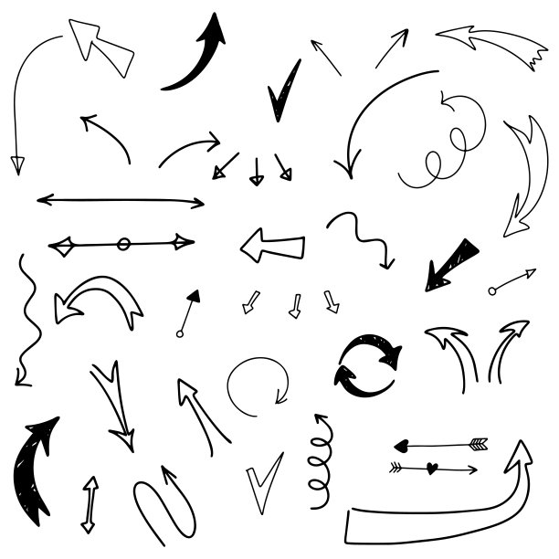 矢量插图的一组不同形状和大小的箭头，指针的手绘风格图片下载