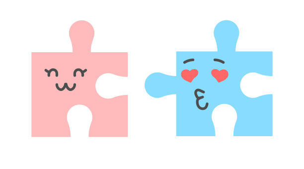 可爱的拼图情侣，情人节贺卡模板。有趣浪漫的爱情角色。卡哇伊脸谱。约会的概念。图片下载