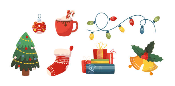 一套圣诞图标和装饰。采购产品冷杉树，花环，铃铛和袜子，礼物，小玩意与可可杯圣诞节日项目图片下载