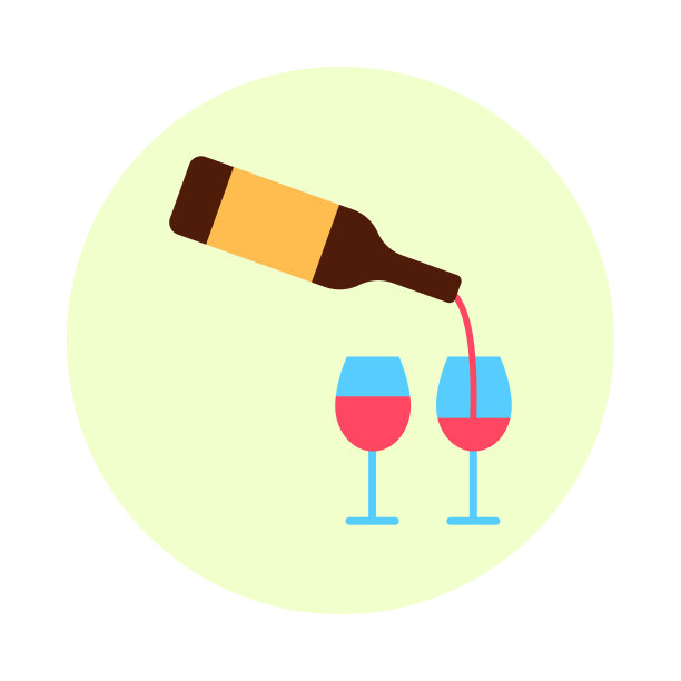 红色的酒瓶和两个玻璃杯圆扁线图标孤立在白色背景。倒酒品酒。浪漫派对活动庆祝标志标志最小设计矢量插画。图片下载