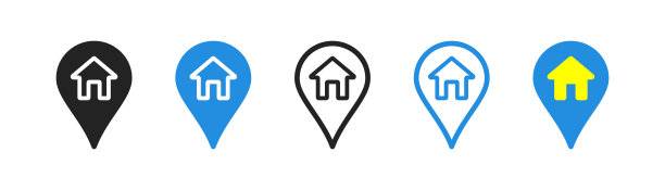 黄蓝色gps定位图标。地图别针，你家位置的概念。彩色平面设计。图片下载