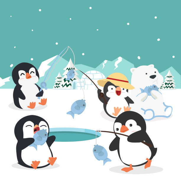 卡通企鹅渔夫捕鱼图片下载