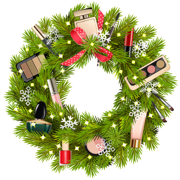 矢量圣诞毛绒冷杉花环与化妆品图片下载