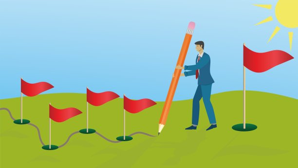 男人用小目标规划自己的道路，直到她实现大目标。矢量插图。图片下载