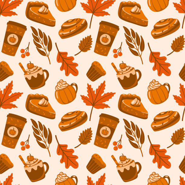 香料咖啡和南瓜派，秋天的树叶。秋天的心情。橙色无缝图案。图片下载