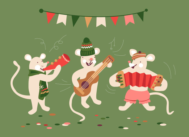 可爱的卡通圣诞和新年插画。有趣的小老鼠与乐器。矢量设计的明信片封面邀请卡片和横幅图片下载