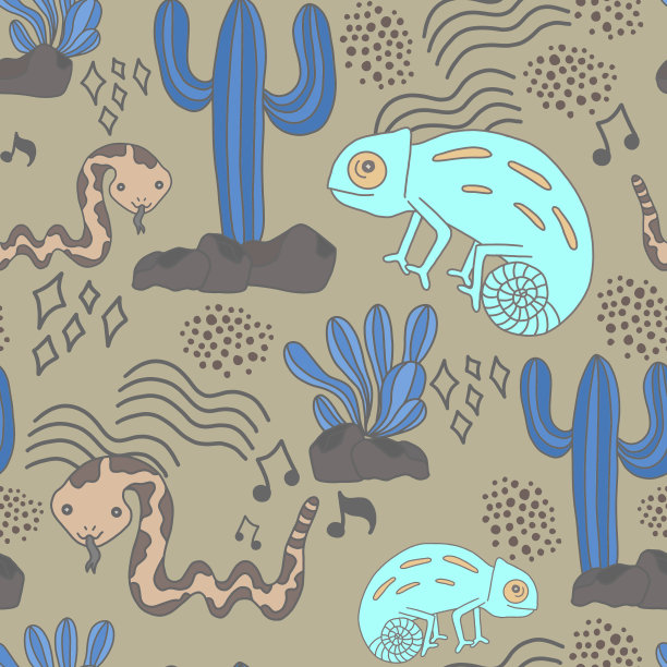 无缝水彩插画变色龙蛇仙人掌沙漠概念用于儿童背景纹理，包装纸，纺织贺卡模板或墙纸设计图片下载